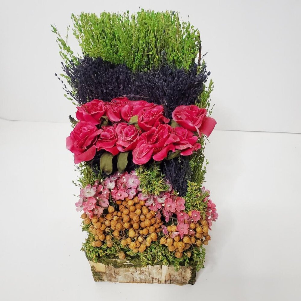 Faux Yellow Roses & Flowers in tree trunk arrangement (New without box)